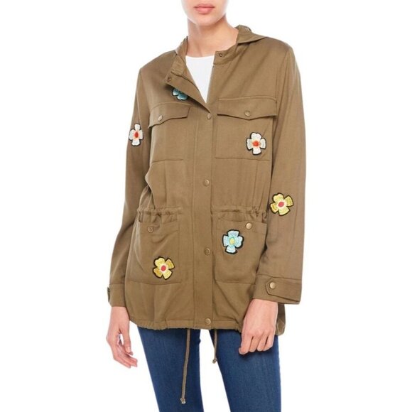 English Factory Olive Patched Rayon Military Jacket Size Small - Picture 1 of 5